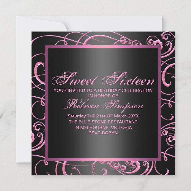 Modern Pink/Black Swirl Sweet 16th Birthday Invite (Front)