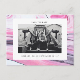 Modern pink black white marble Photo SAVE THE DATE Announcement Postcard