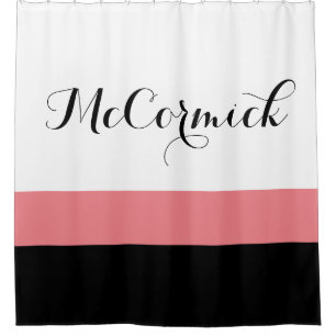 Modern Pink Black White Stripes Family Monogram Shower Curtain
