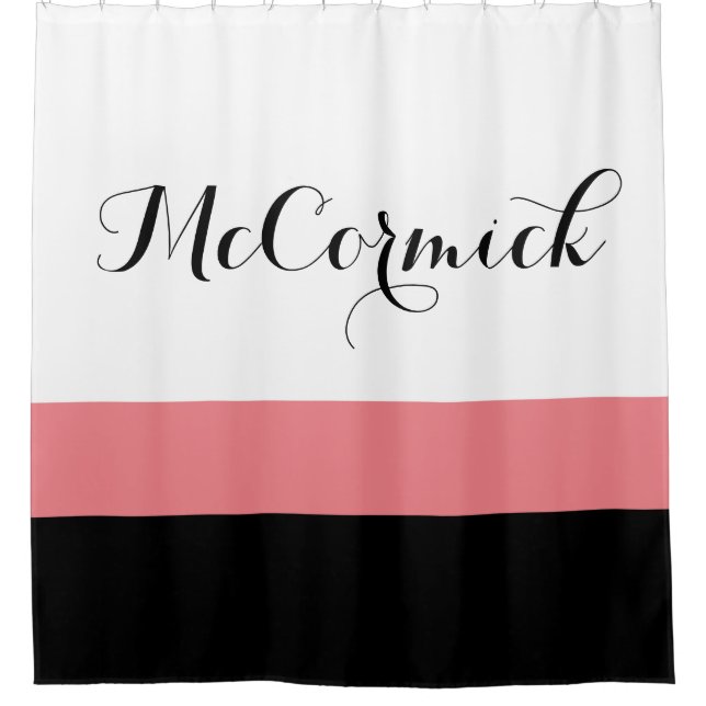 Modern Pink Black White Stripes Family Monogram Shower Curtain (Front)
