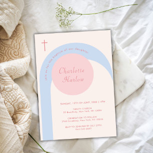 Modern Pink Blue Beige Boho Arch Cross Baptism Invitation