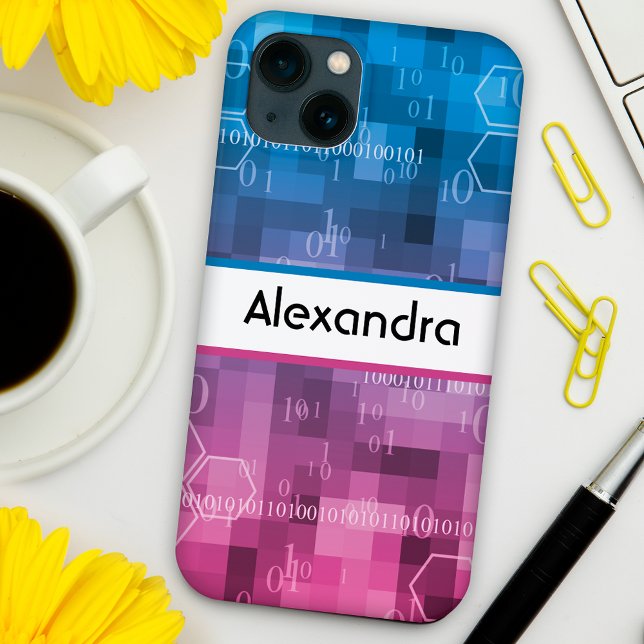 Modern pink & blue binary code custom Case-Mate iPhone case (Creator Uploaded)