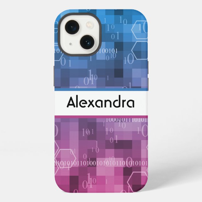 Modern pink & blue binary code custom iPhone case (Back)