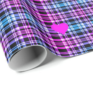 Modern pink blue black plaid pattern, pink hearts wrapping paper