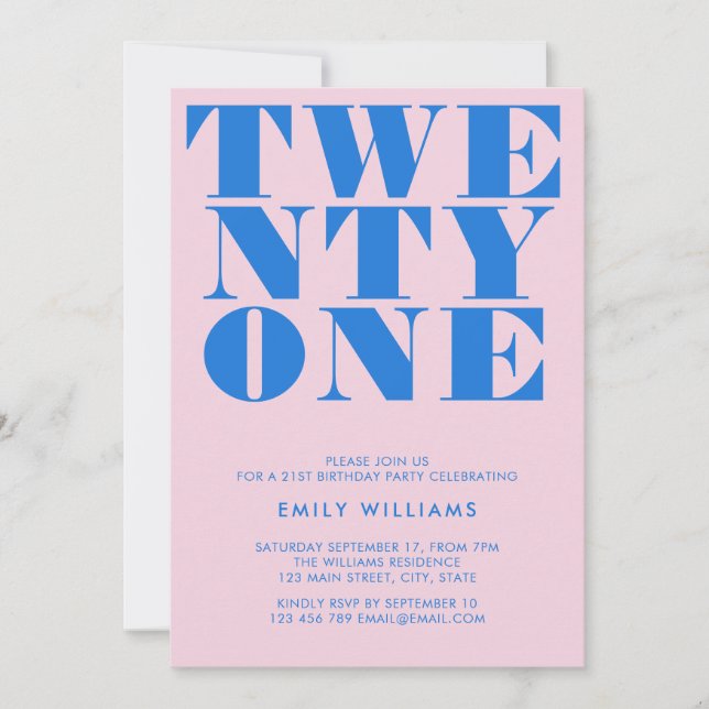 Modern Pink Blue Bold Typography 21st Birthday Invitation (Front)