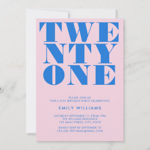 Modern Pink Blue Bold Typography 21st Birthday Invitation