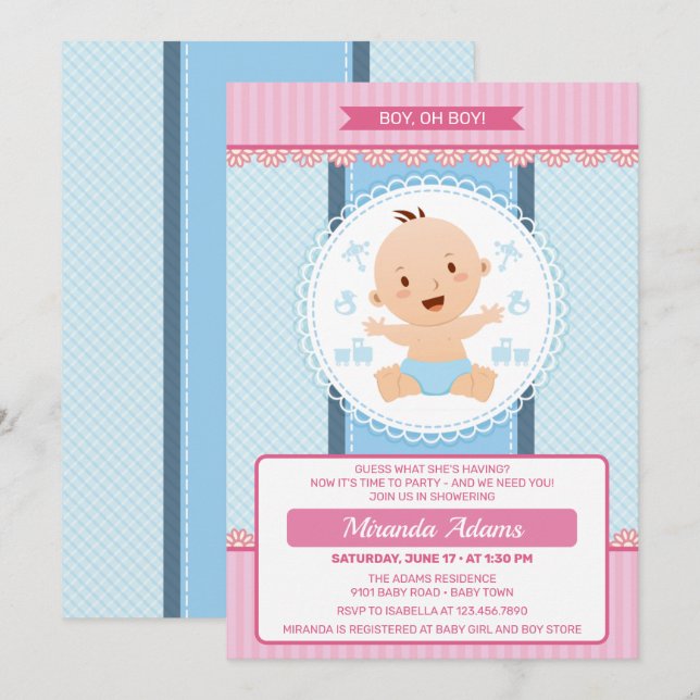 Modern Pink Blue Boy Baby Shower Invitation (Front/Back)