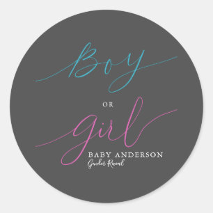 Modern Pink Blue Boy Or Girl Script Gender Reveal Classic Round Sticker