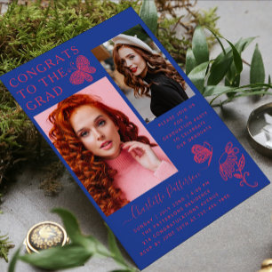 Modern Pink Blue Butterfly Photo Graduation Party Invitation