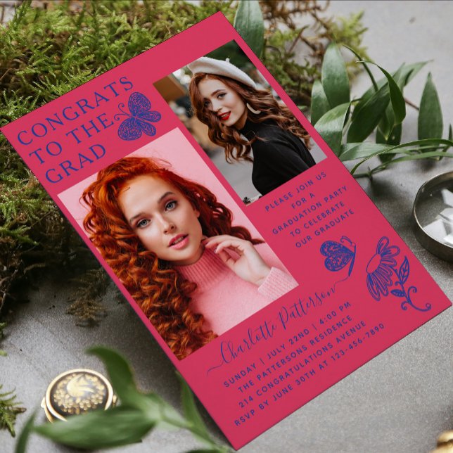 Modern Pink Blue Butterfly Photo Graduation Party Invitation (Creator Uploaded)