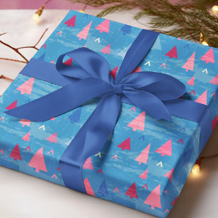 Modern Pink Blue Christmas Tree Pattern Wrapping Paper