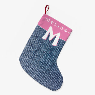 Modern Pink Blue Denim Jeans Monogram Name Kids Small Christmas Stocking