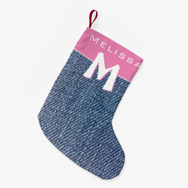 Modern Pink Blue Denim Jeans Monogram Name Kids Small Christmas Stocking (Front (Hanging))