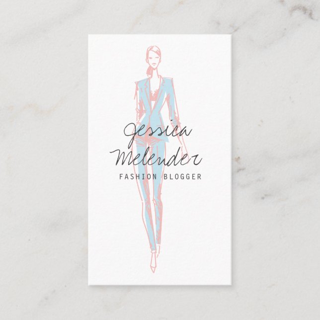 Modern pink blue fashion illustration script business card (Front)