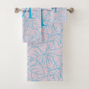 Modern Pink Blue Floral Monogram Name Design Bath Towel Set