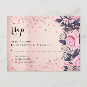 Modern Pink Blue Floral Wedding Postcard