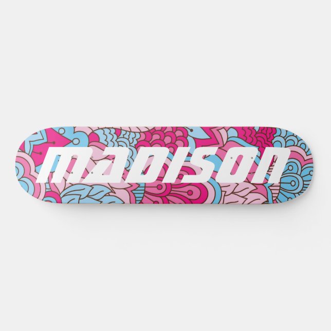Modern Pink Blue Flowers Girly Floral Custom Name Skateboard (Horz)
