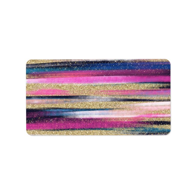 Modern Pink Blue Gold Glitter Brush Strokes Paint Label (Front)