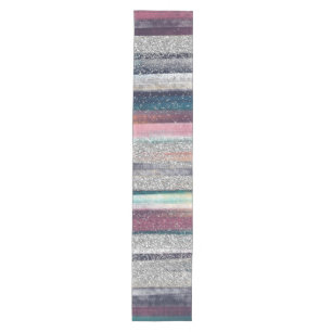 Modern Pink Blue Gold Glitter Brush Strokes Paint Medium Table Runner