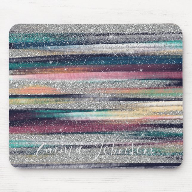 Modern Pink Blue Gold Glitter Brush Strokes Paint Mouse Mat (Front)