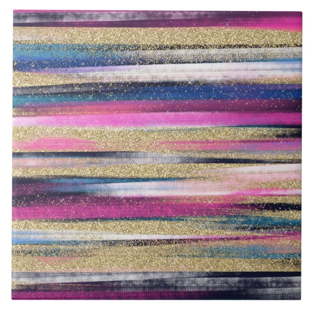 Modern Pink Blue Gold Glitter Brush Strokes Paint Tile (Front)