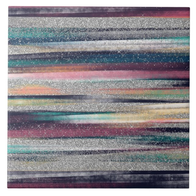 Modern Pink Blue Gold Glitter Brush Strokes Paint Tile (Front)