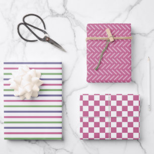 Modern Pink, Blue, Green Stripes, Pink Checkered Wrapping Paper Sheet