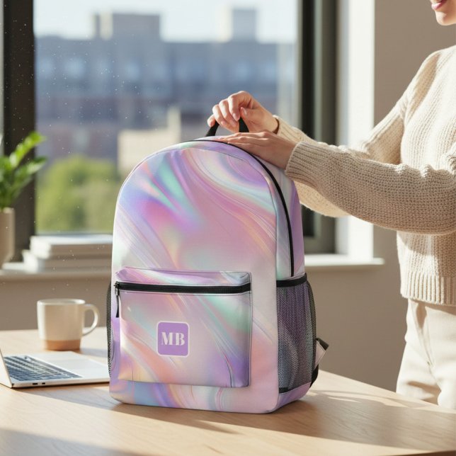 Modern Pink Blue Iridescent Swirl Monogram Printed Backpack (Creator Uploaded)