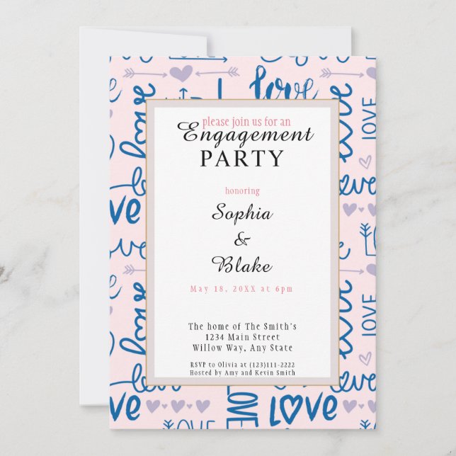 Modern Pink & Blue Love Engagement Party  Invitation (Front)