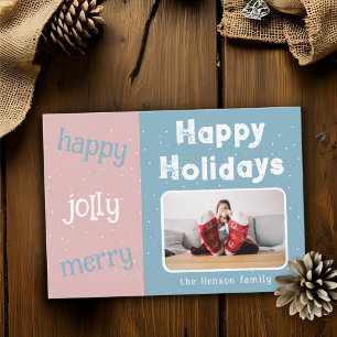 Modern Pink Blue Photo Snowflake Christmas Happy Holiday Card