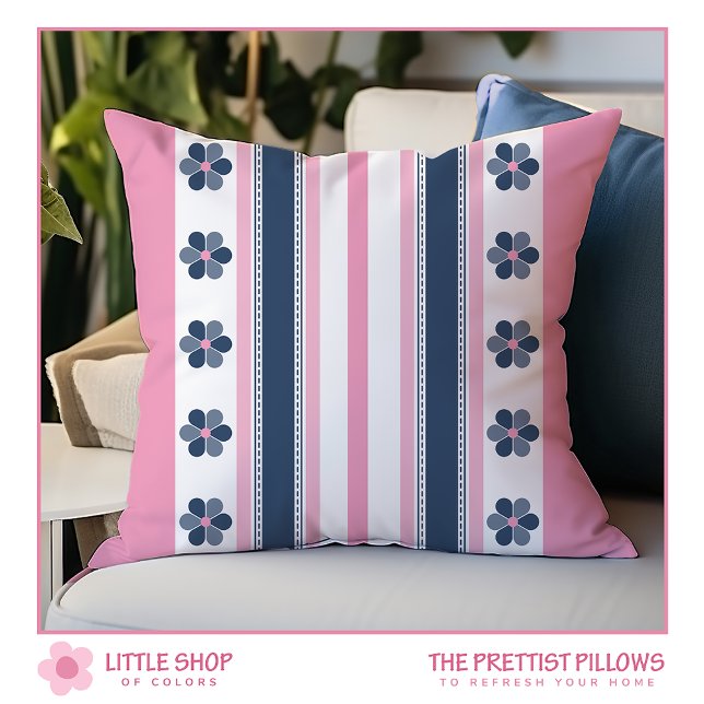 Modern Pink Blue Stripes and Floral Cushion (Creator Uploaded)