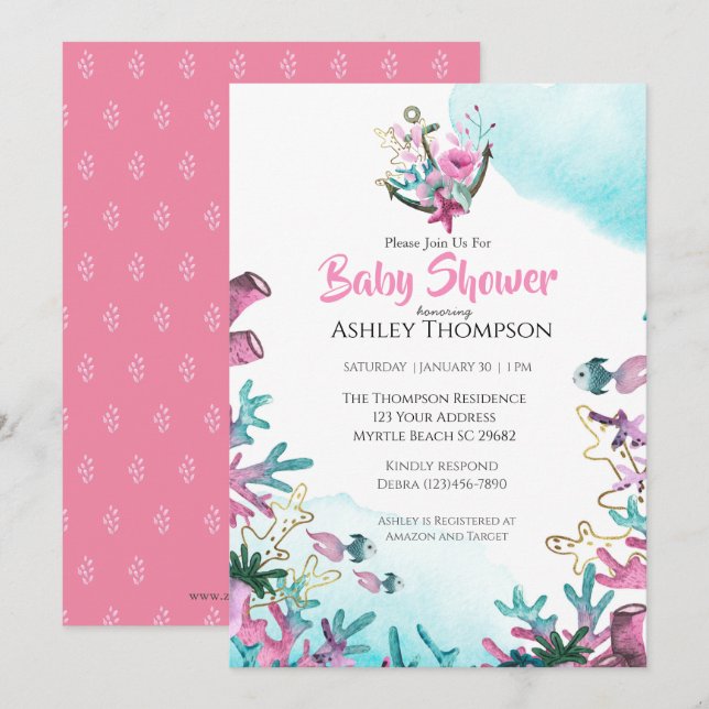 Modern Pink Blue Under the Sea  Baby Shower   Invitation (Front/Back)