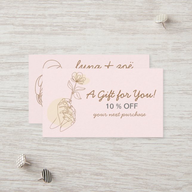 Modern Pink Blush Feminine Line Art Discount Card (Front/Back In Situ)