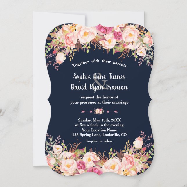 Modern Pink Blush Floral Navy Blue Wedding Invitation (Front)