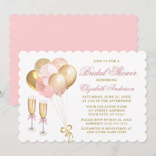 Modern Pink Blush Gold Balloons Bridal Shower Invitation (Front/Back)