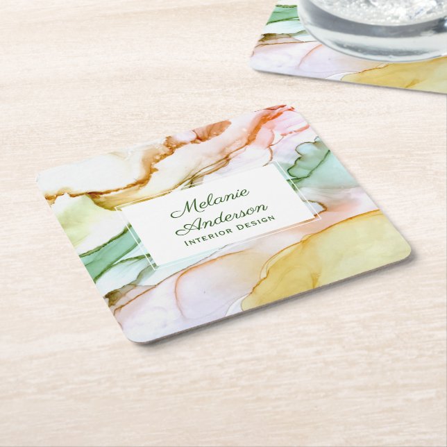 Modern Pink Blush Green Pastel Custom Square Paper Coaster (Angled)