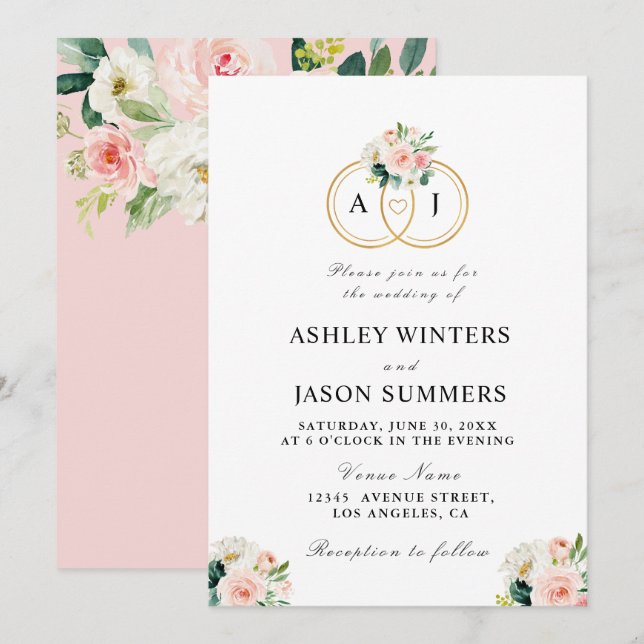 modern pink blush watercolor flowers wedding invitation (Front/Back)