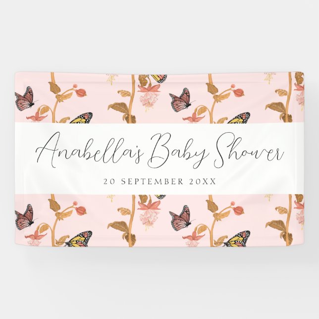 Modern Pink Boho Butterfly Girl Baby Shower Banner (Horizontal)