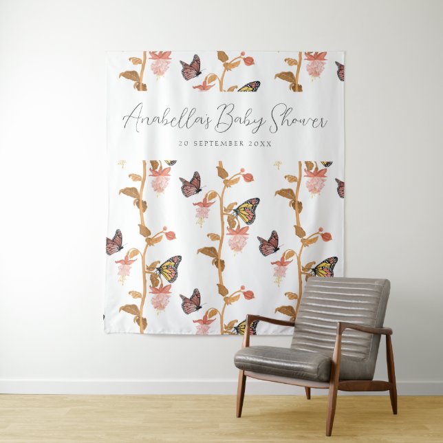 Modern Pink Boho Butterfly Girl Baby Shower Tapestry (In Situ)