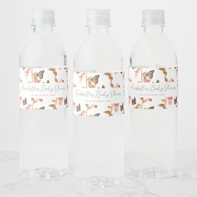 Modern Pink Boho Butterfly Girl Baby Shower Water Bottle Label (Bottles)