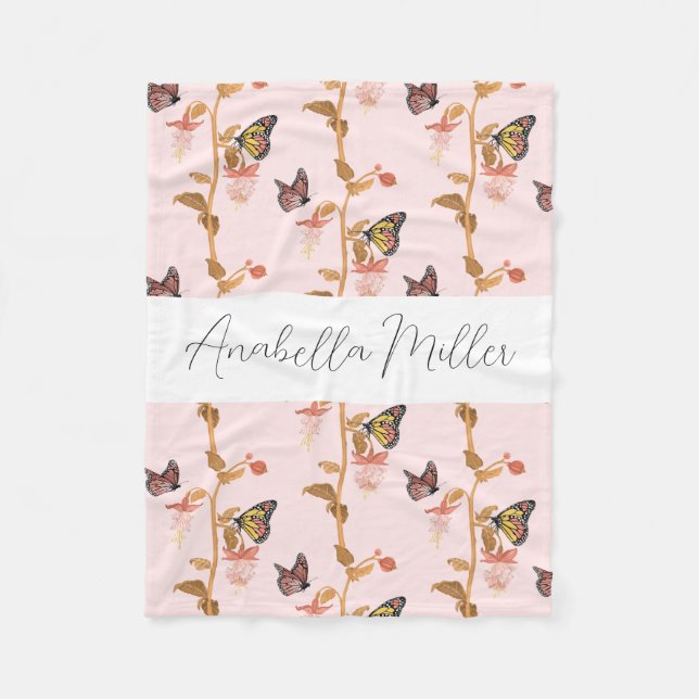 Modern Pink Boho Butterfly Pattern Kids Name  Fleece Blanket (Front)