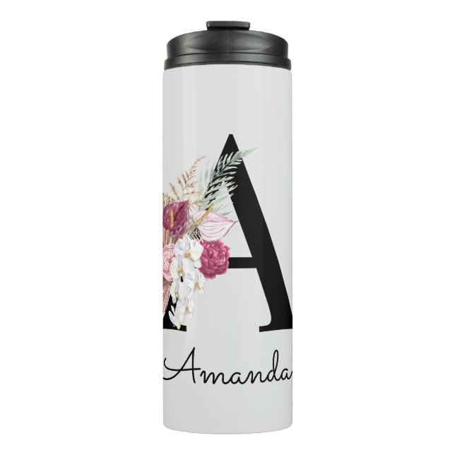 Modern Pink Boho Floral Initial A Thermal Tumbler (Front)