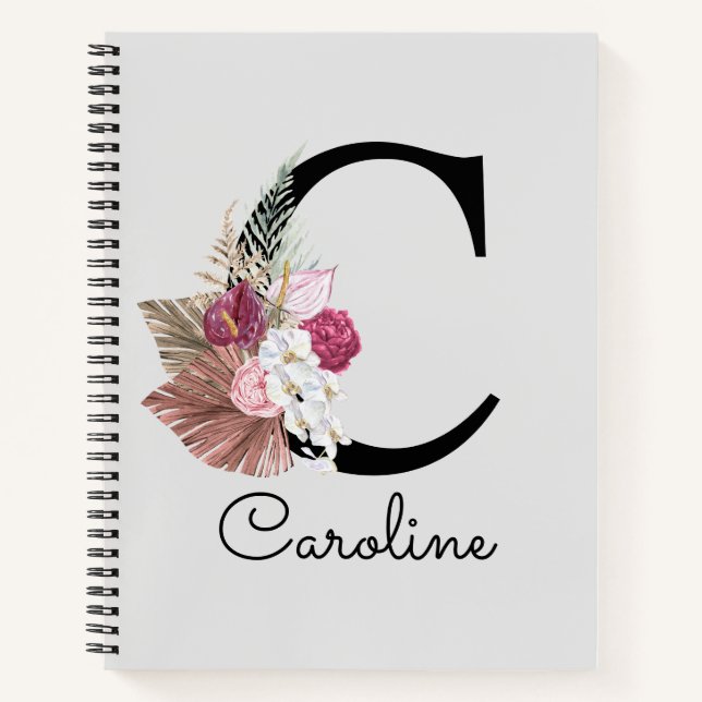 Modern Pink Boho Floral Initial C Notebook (Front)