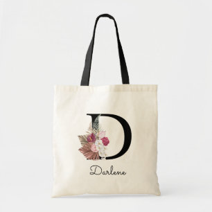 Modern Pink Boho Floral Initial D Tote Bag