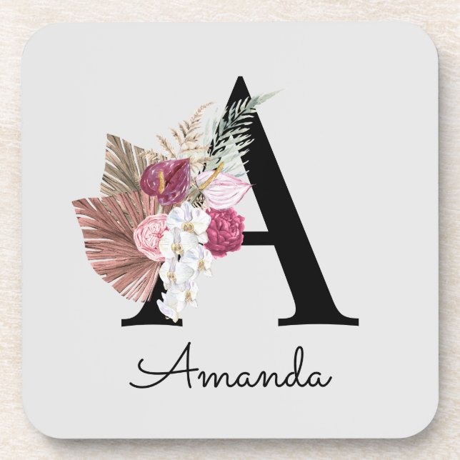 Modern Pink Boho Girly Floral Initial A Coaster (Front)