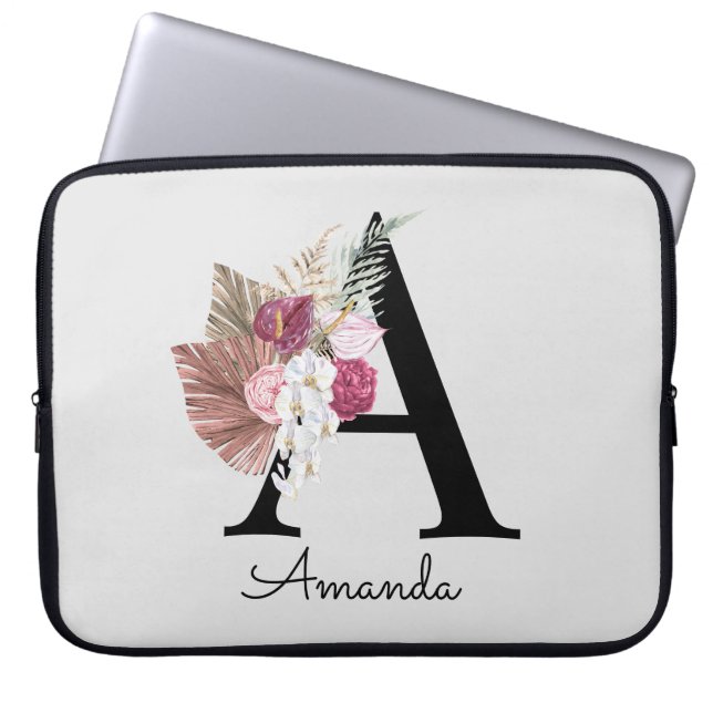 Modern Pink Boho Girly Floral Initial A Laptop Sle Laptop Sleeve (Front)
