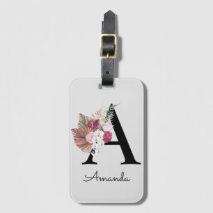 Modern Pink Boho Girly Floral Initial A Luggage Tag