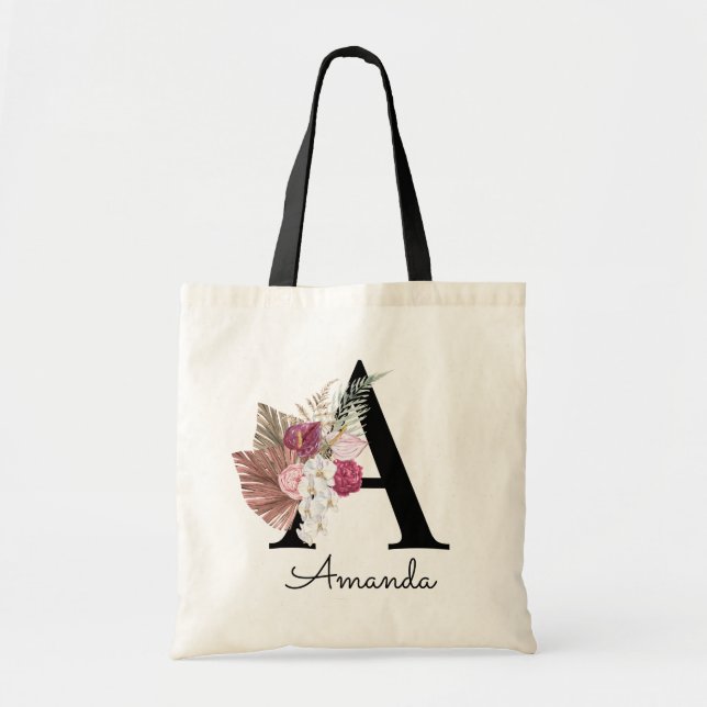 Modern Pink Boho Girly Floral Initial A Tote Bag (Front)