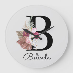 Modern Pink Boho Girly Floral Initial B Large Clock