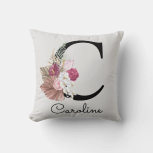 Modern Pink Boho Girly Floral Initial C Cushion